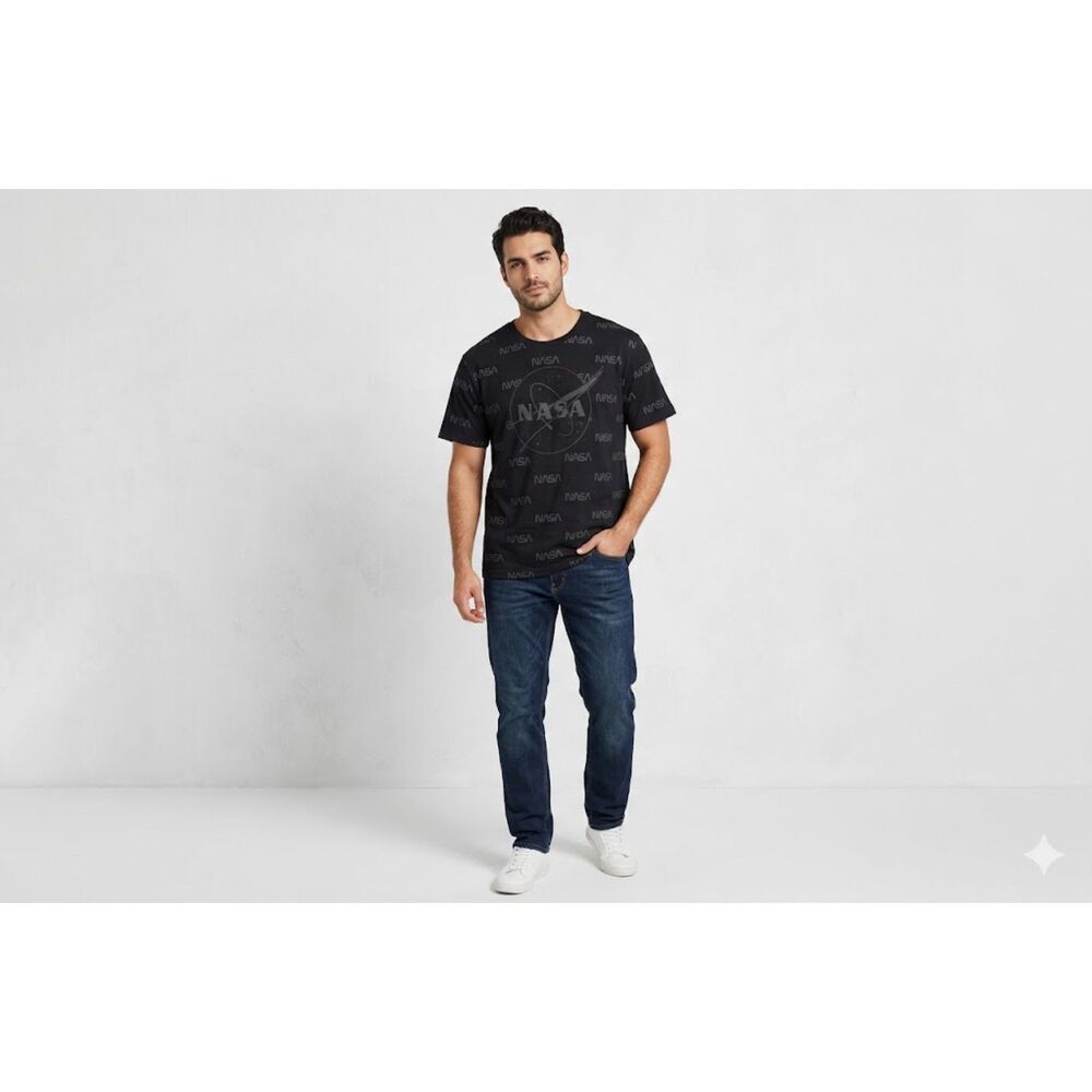 NASA Graphic Print Black T Shirt Unisex Size 2XL XXL All Over Logo Space Tee
